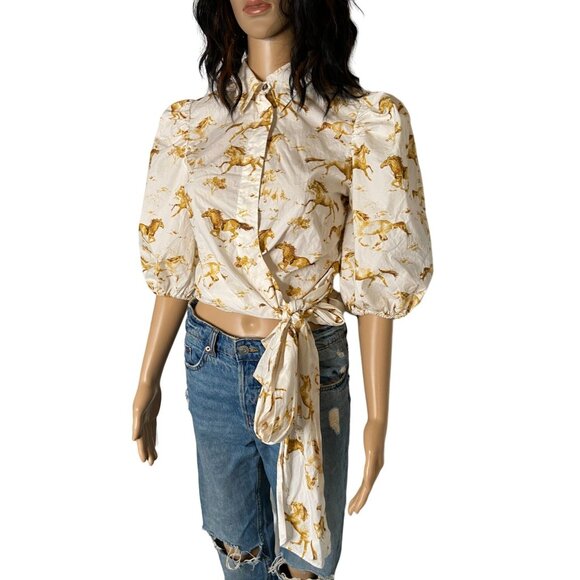 Ganni Weston Horse Print Wrap Blouse Puff Sleeve Button Down White XS - Picture 4 of 10